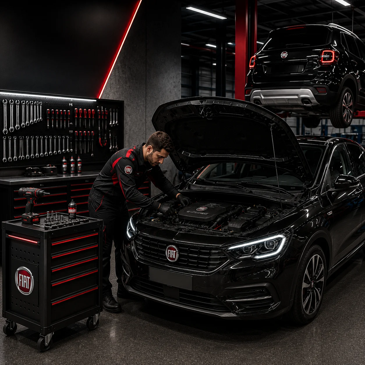 Karadeniz Dizel Oto Servis teknisyeni Fiat araca müdahale ederken